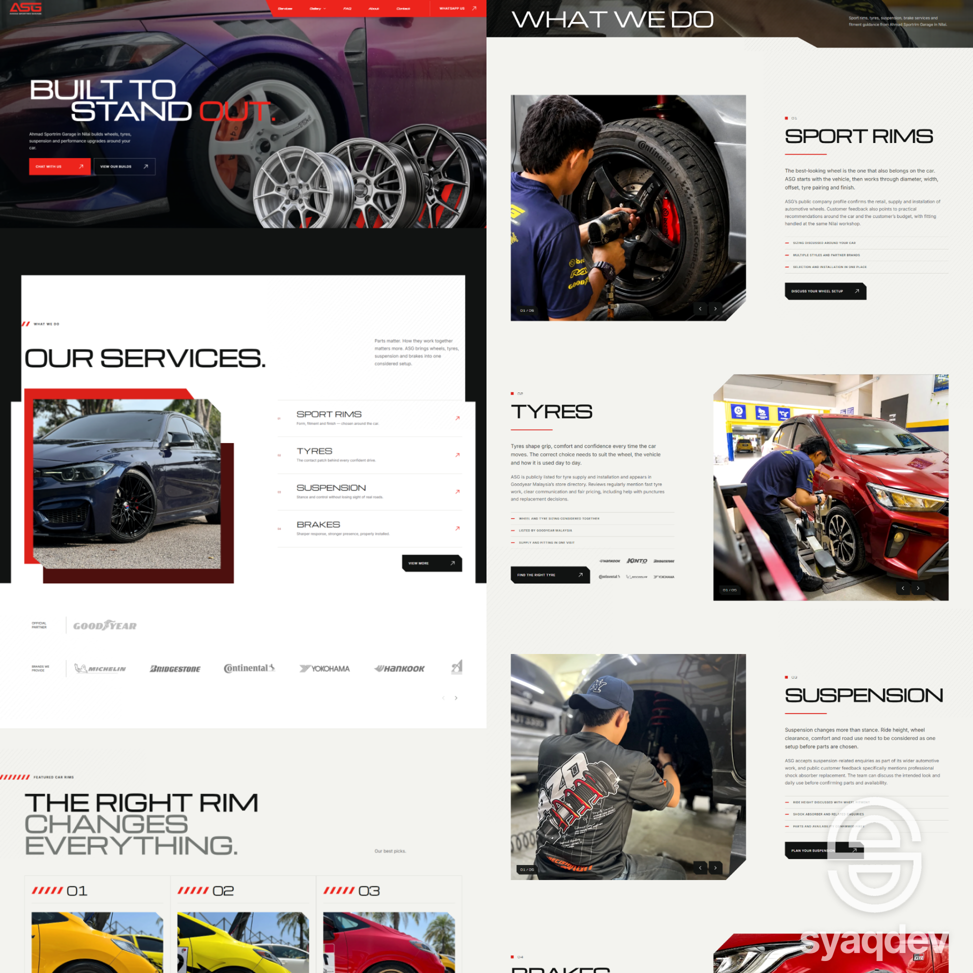 ASG Automotive website design showing sport rims, tyres, suspension and workshop services