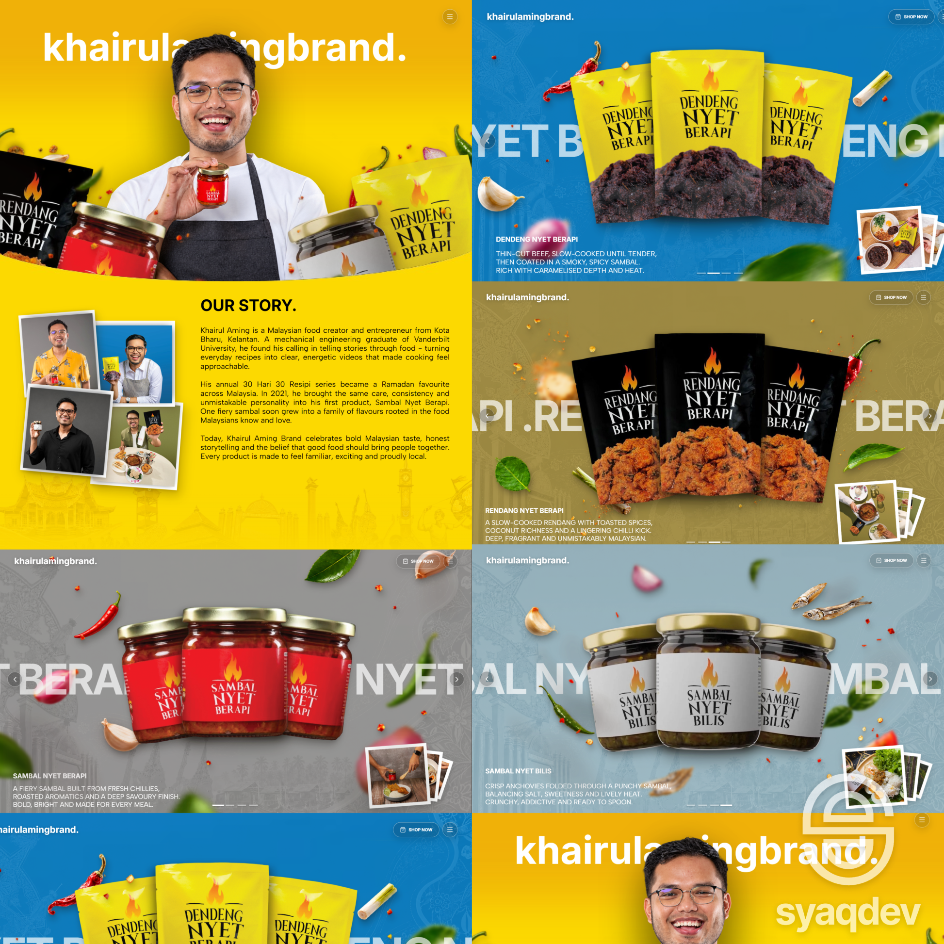Khairul Aming Brand food website design featuring Sambal Nyet and Dendeng Nyet products
