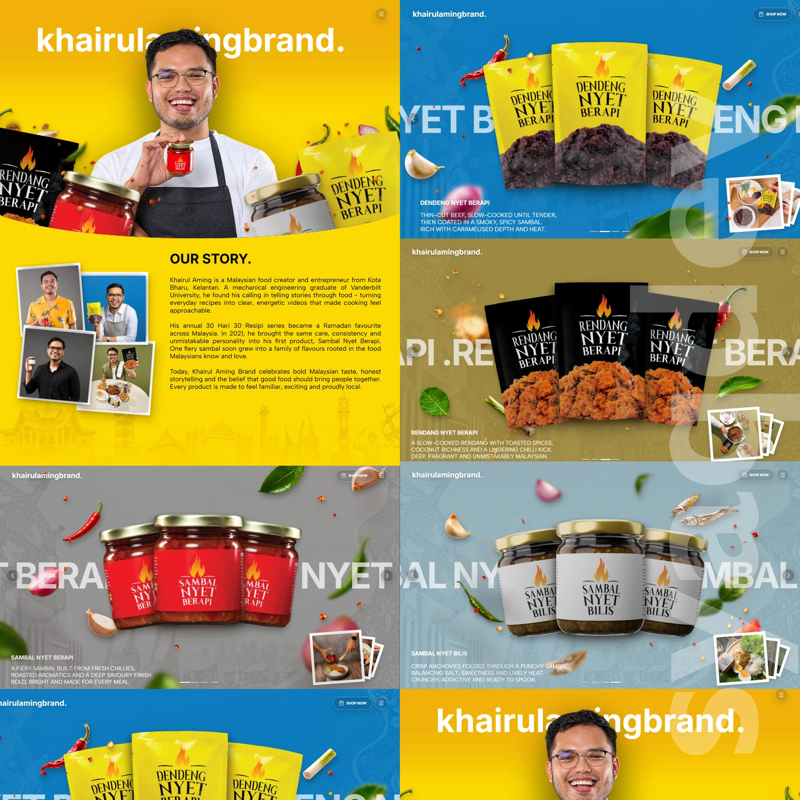 Khairul Aming Brand Malaysian food website design concept featuring Sambal Nyet and Dendeng Nyet products