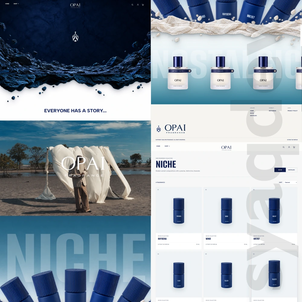 OPAI Fragrance luxury perfume e-commerce website design concept in deep blue and white