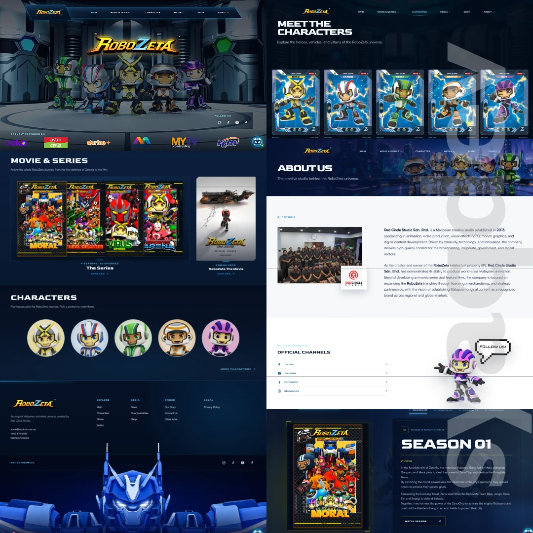 RoboZeta Malaysian animation and entertainment website design concept featuring characters, movies and series