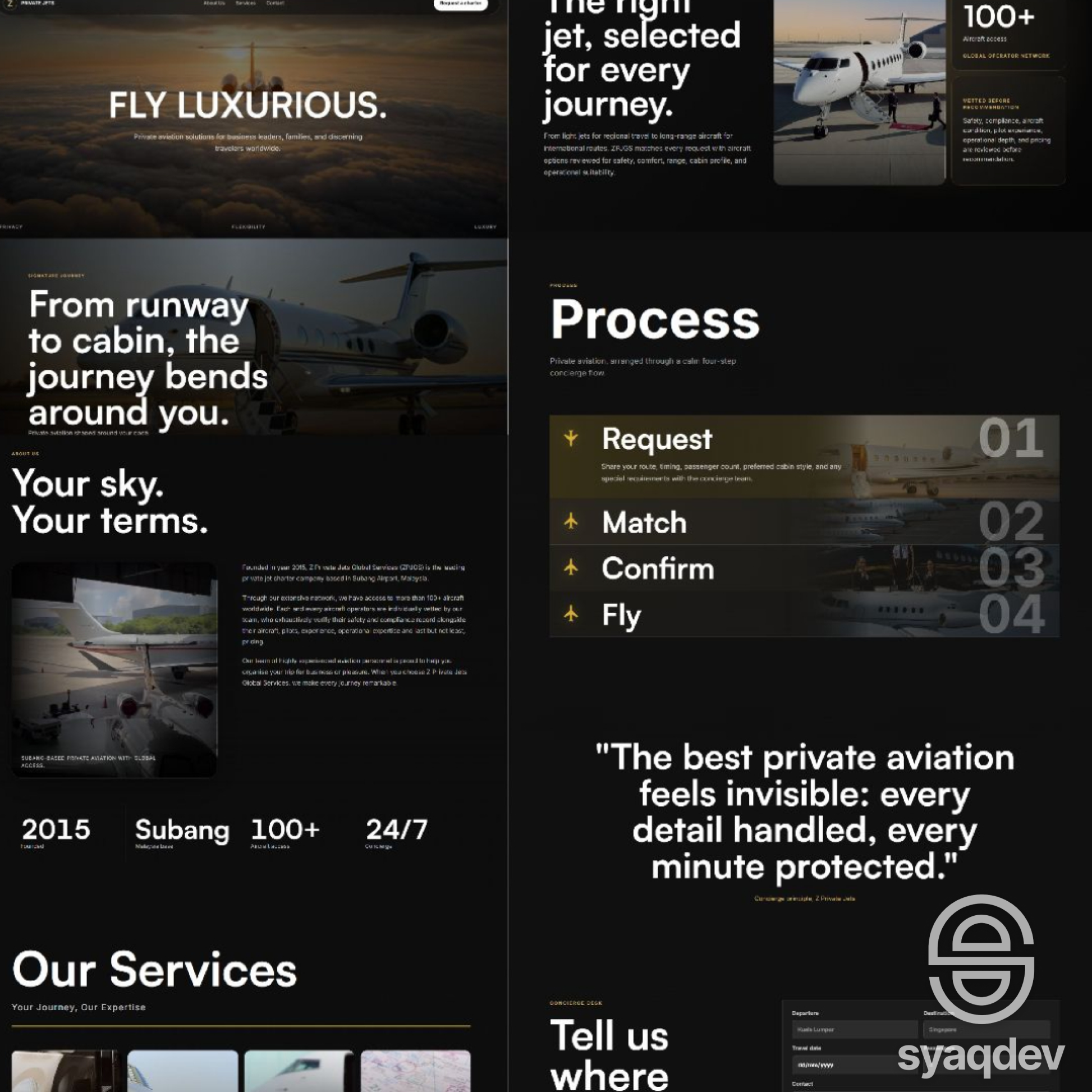 Z Private Jets website design showing a luxury aviation homepage, aircraft and booking journey