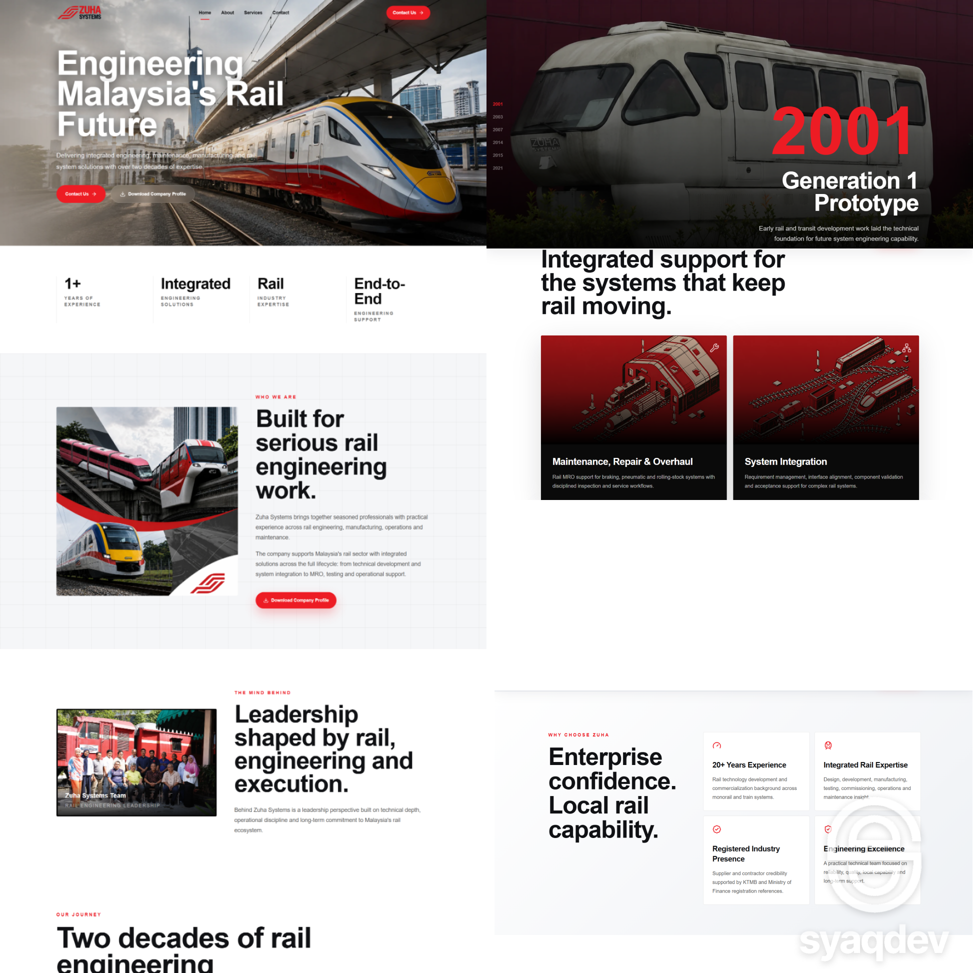 Zuha Systems website design showing rail engineering, services and company history