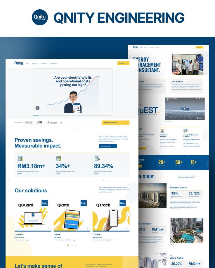 Qnity Engineering energy management consultancy website UI/UX and hero motion graphics portfolio presentation